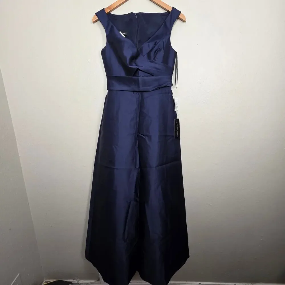 NWT Alfred Sung Off The Shoulder Draped Wrap Satin Maxi Dress Midnight Navy 4R - Picture 6 of 11